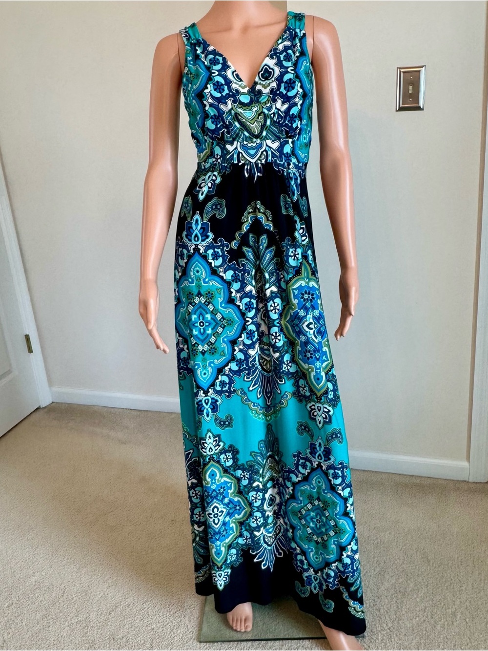 Maxi Flowy Summer Sundress Black & Teal Ombre Paisley Boho Festival Large - Picture 1 of 7